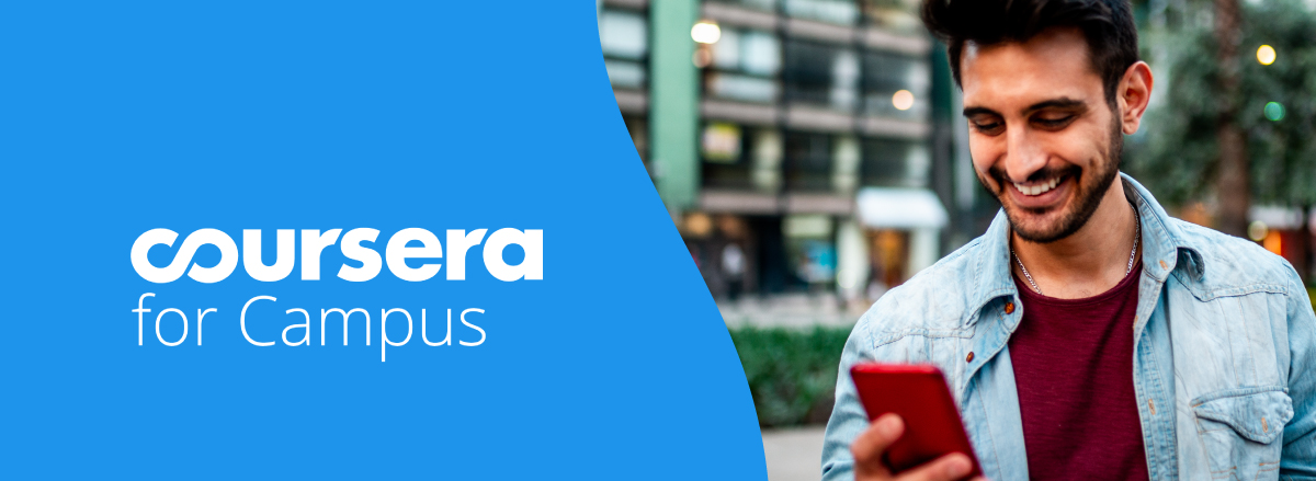 ragazzo con smartphone e logo coursera for campus