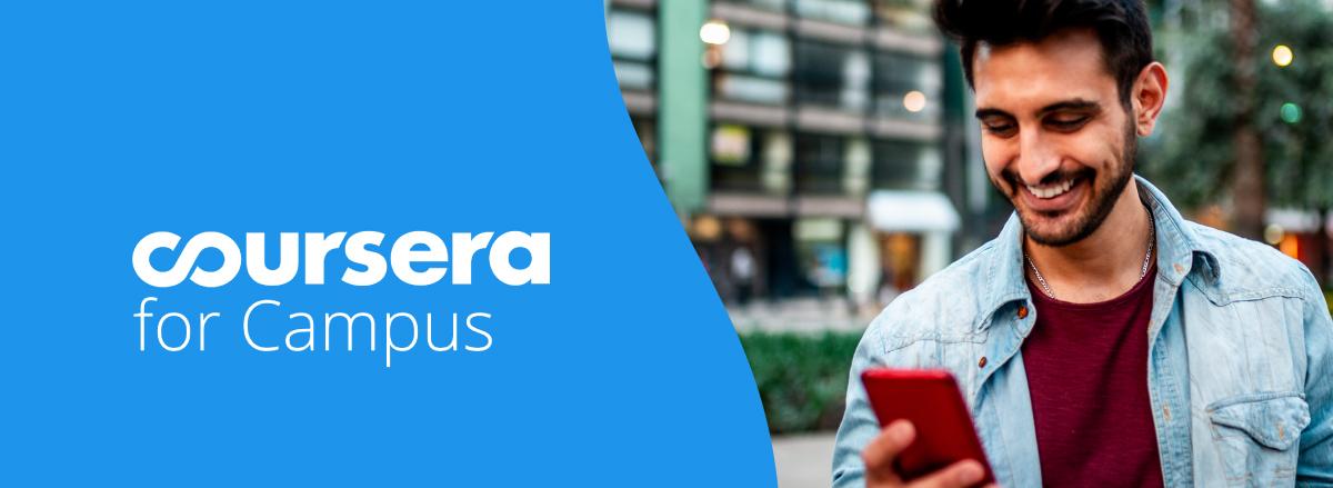 ragazzo con smartphone e logo coursera for campus